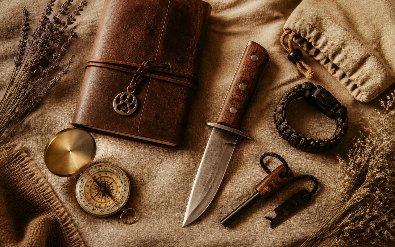 Survival uitrusting: leren notitieboek, kompas, mes, vuurstaal